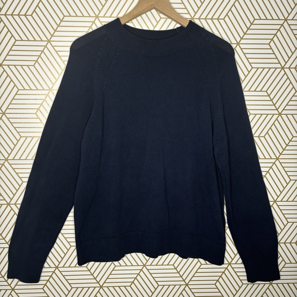 Quince Women 100% Organic Cotton Mock Neck Sweater Navy Medium Preppy Minimalist